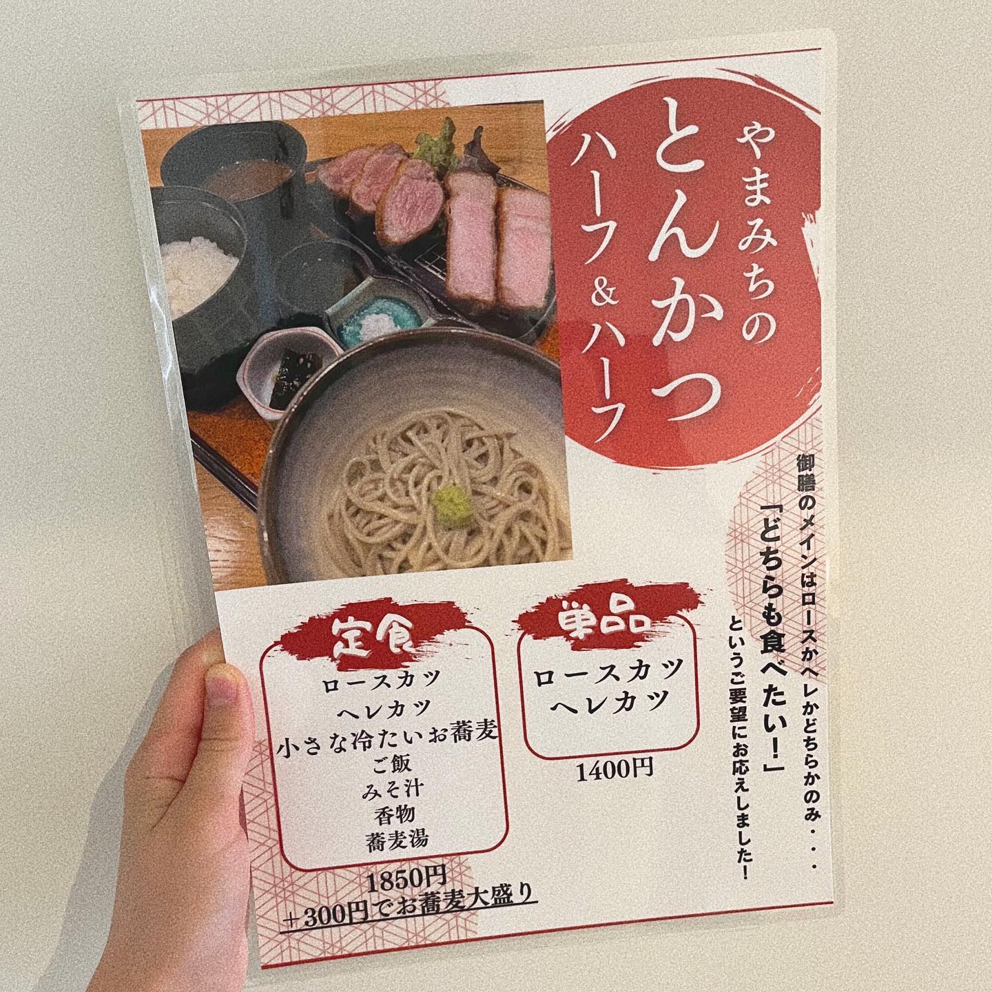 おはようございます！
十割そばやまみちスタッフの鈴木です🏻‍♀️

今日は！
人気メニューのひとつ！
＂とんかつハーフ&ハーフ＂
のご紹介です️

やまみち人気ナンバーワン🥇の御膳では、
選べるメインで
ヘレカツかロースカツかを
選択していただけます️

ですがこの選択！
めっちゃ迷いますよねぇ〜🤔

ヘレカツも食べたい！
ロースカツも食べたい！
そんな声にお応えしてできたのが
このハーフ&ハーフ！

ロースカツとヘレカツが
いっしょに盛られて出てくるので
どちらも食べることが
できちゃいます😎
もちろんお蕎麦もついてます🫧

よくばりさんはぜひ！
ハーフ&ハーフを
試してみてくださいねっ🤤